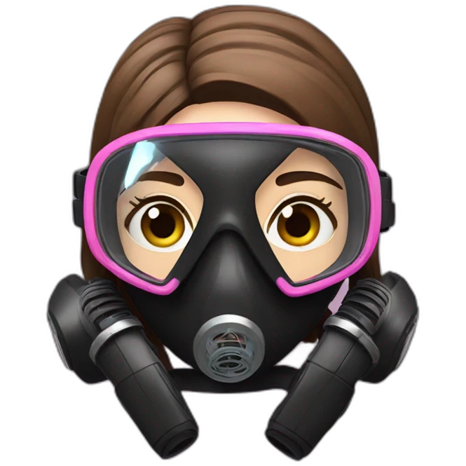 woman with blues eyes, large and straight brown hair, pink diving mask with a single crystal. underwater black suit emoji
