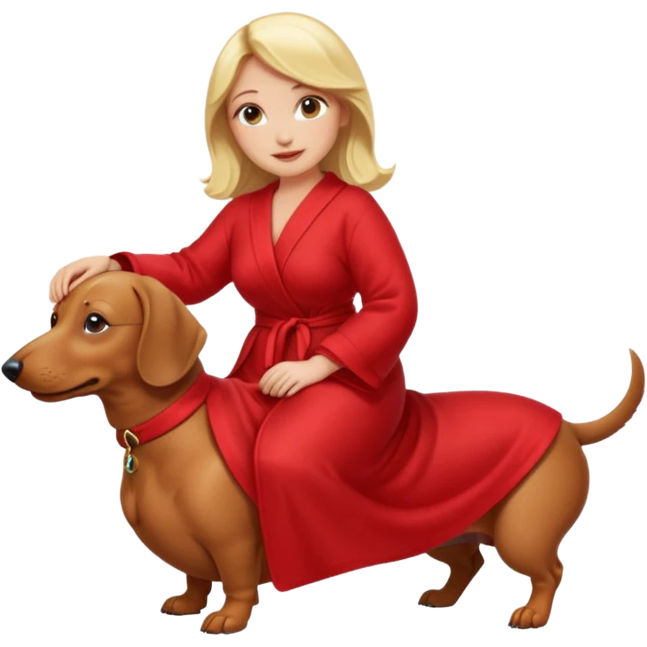 A blonde curvy woman riding on top of a dachshund wearing a red robe emoji