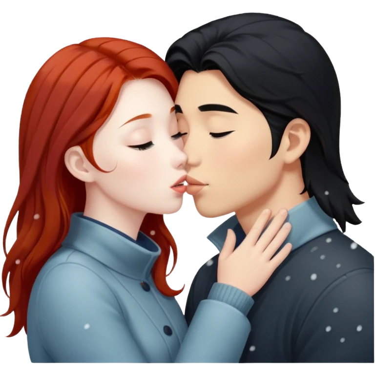 long black haired asian guy kisses redhead girl in snowstorm emoji