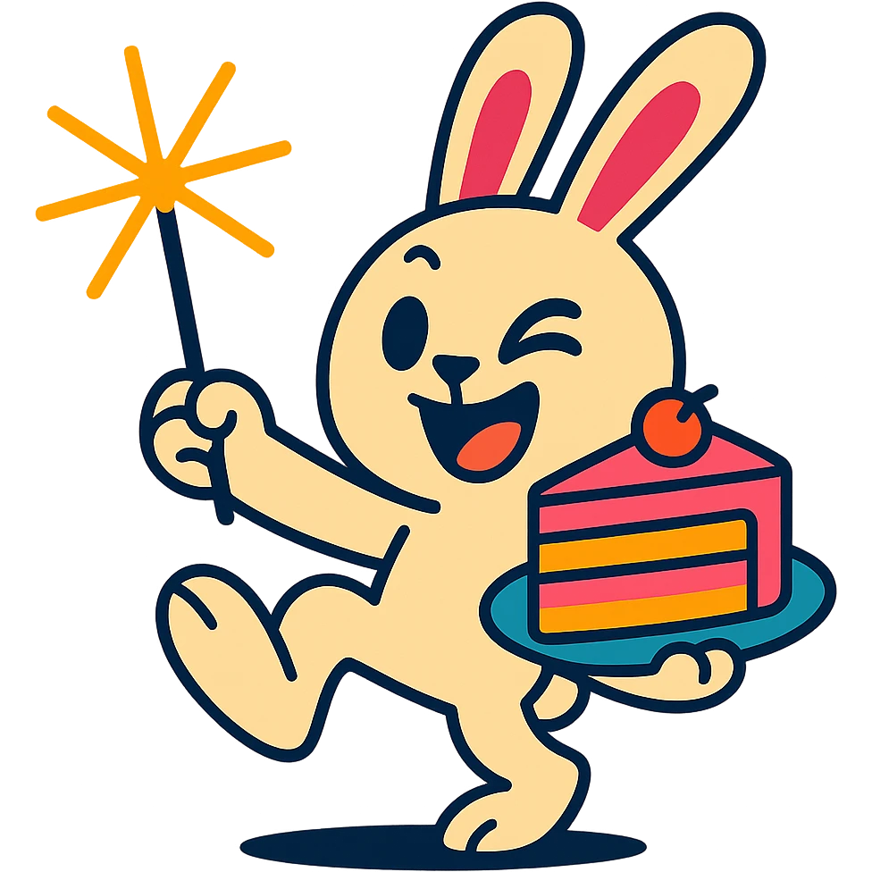 bunny holding cake slice and sparkler, winking, vibrant-toon style emoji