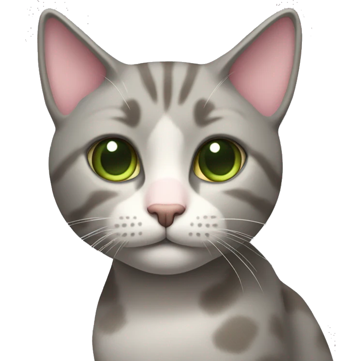 grey and tan cat with cream pattern on her forehead. Green eyes and a pink nose emoji