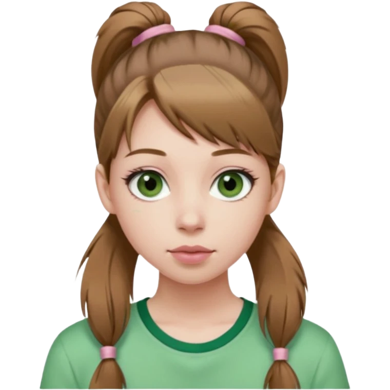 create an emoji of a young woman. She has a nice look, with long light brown hair in a single ponytail with a hair tie, dark green eyes, pale skin, natural soft pink lips. she wears a green y2k top emoji