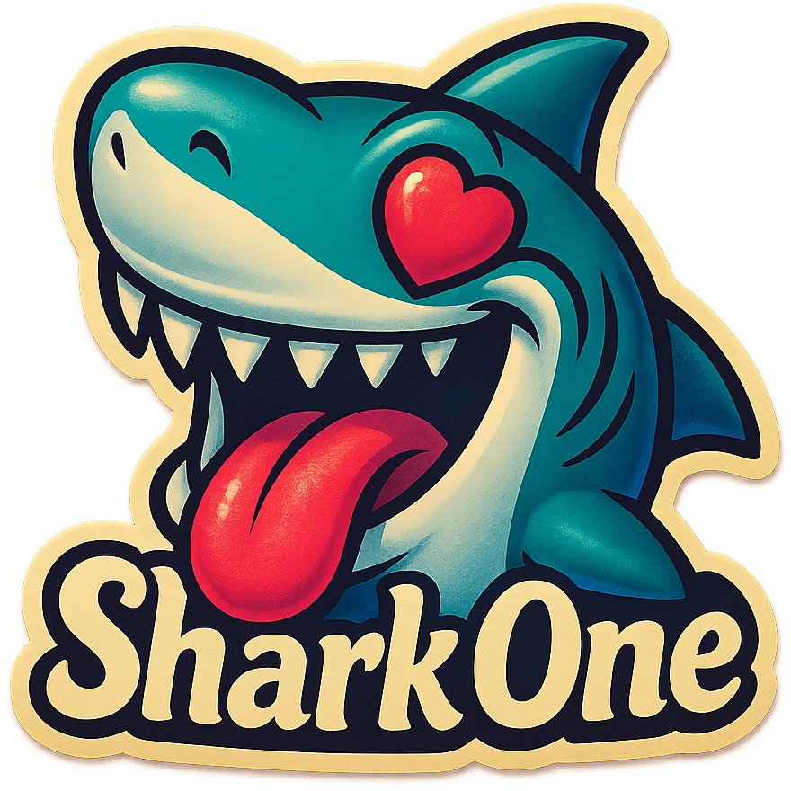 mouth open with tongue out
heart shaped eye
add the words “ Shark One " in White emoji
