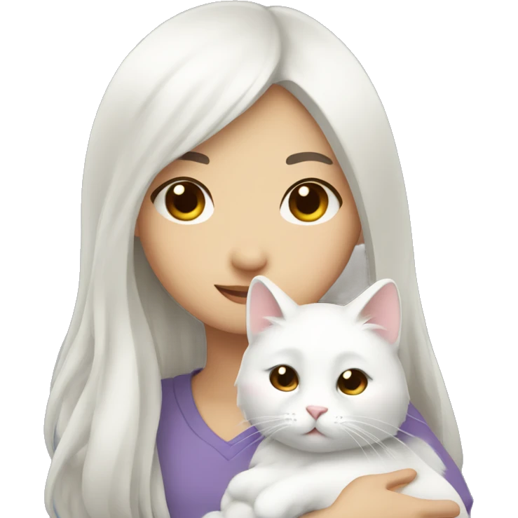 asian girl snuggling fluffy white cat emoji