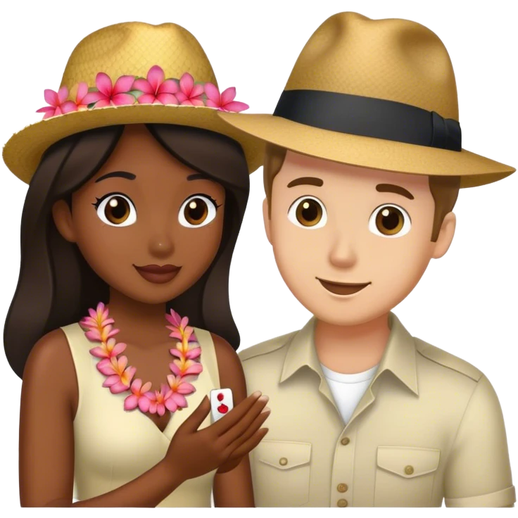 White man with fedora proposing to Hawaiian woman emoji