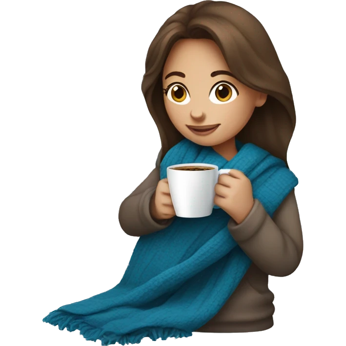 Brown hair Girl drinking coffee, with a blue cozy blanket emoji