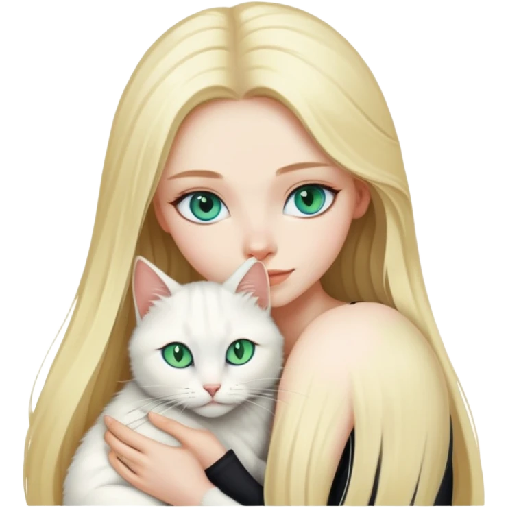 pretty woman with pale skin and with blue eyes and very long blonde hair  hugging one cat that is white and black with green eyes emoji