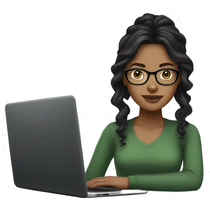 Light brown-skinned girl with long, wavy black hair, with clear glasses wearing a black laptop, wearing a green shirt. emoji
