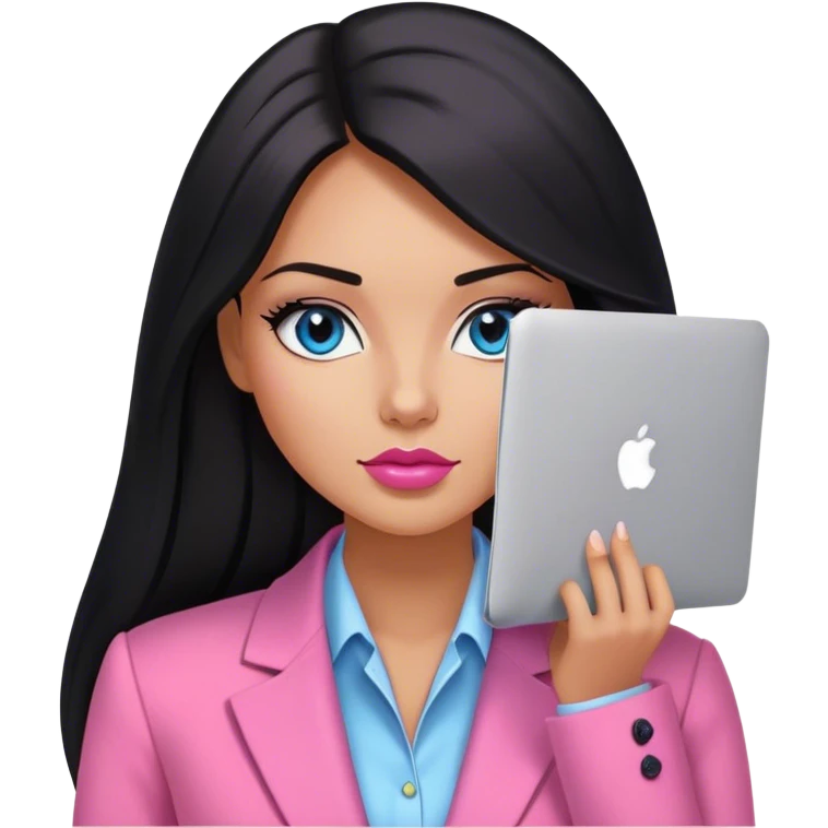 Glamours tanned very beautiful girl with very pump nude lips and black straight smooth long hair, blue eyes and pink blazer with MacBook  emoji