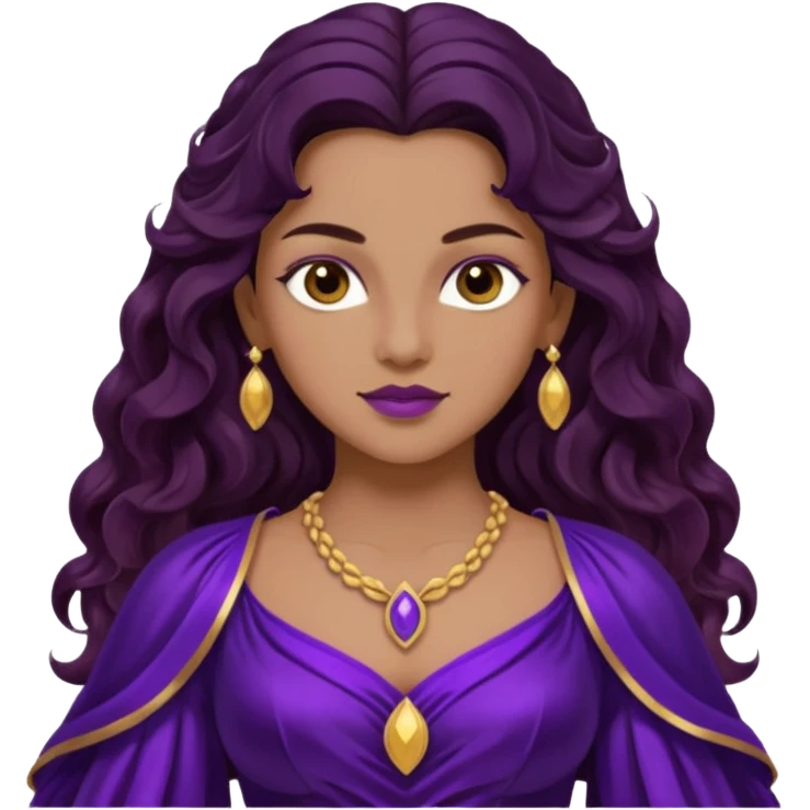 Hyacinth, Divine Hero from Gods and Goddesses with long dark brown wavy hair, deep purple outfit, tan skin emoji