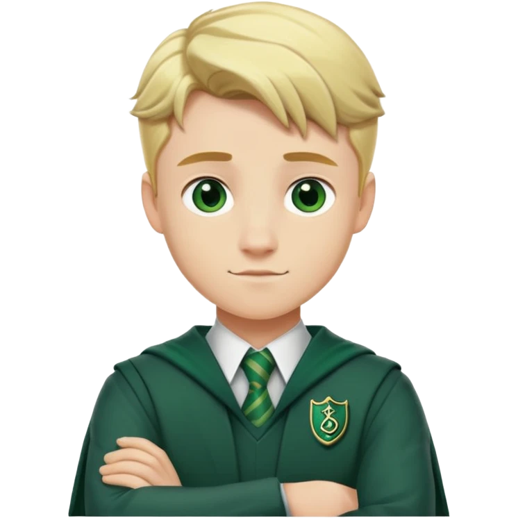 Blonde male student wearing Slytherin uniform with arms crossed emoji