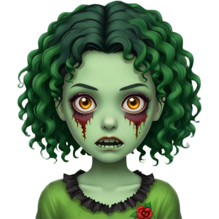 uma garota zumbi assustadora da pele verde e com cabelo 3b cacheado repartido ao meio preto curto ate o ombro emoji