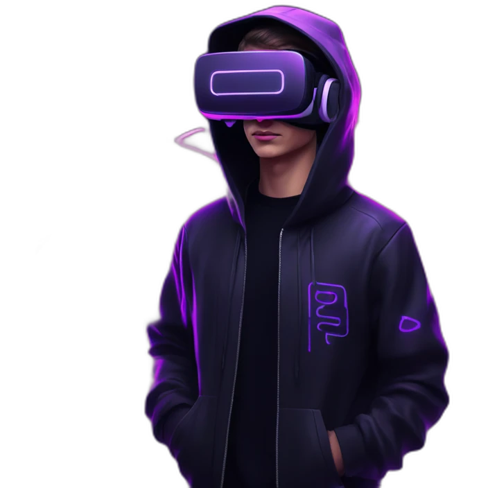 Russian young man wearing a black hoodie with "KEESY" letters on it and VR headset in a cyberpunk VR environment with violet neon lighting. emoji
