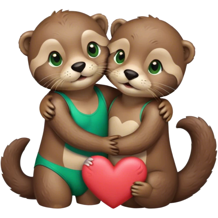 Otter with green eyes and an otter with brown eyes in swim trunks hugging with a heart  emoji