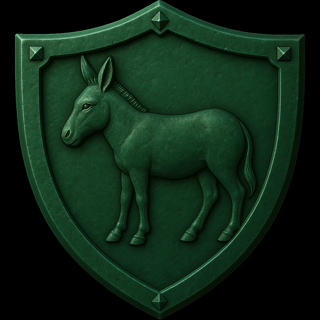 Change the shield to emerald green and replace the mouse with a donkey, matching the style and detail of the reference image. emoji