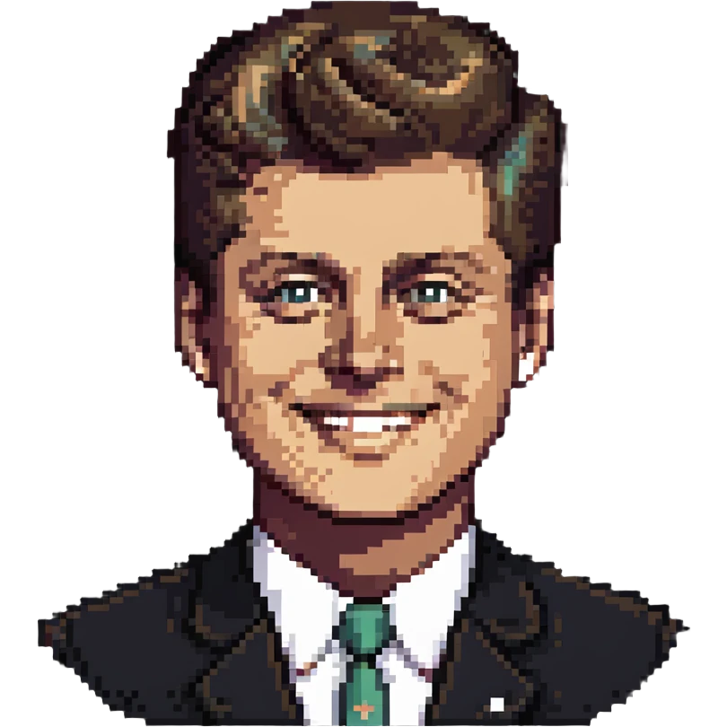 John F Kennedy with his classic hairstyle and smile emoji