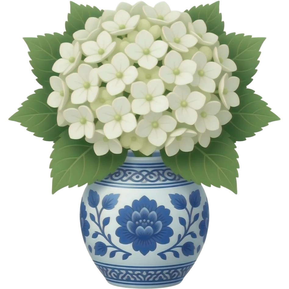 white hydrangeas in blue china floral vase emoji