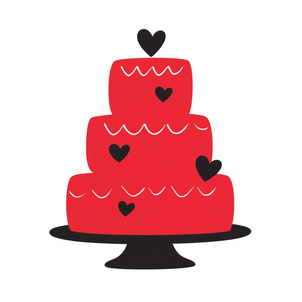 Hand-drawn red wedding cake with decorative layers and small heart details emoji