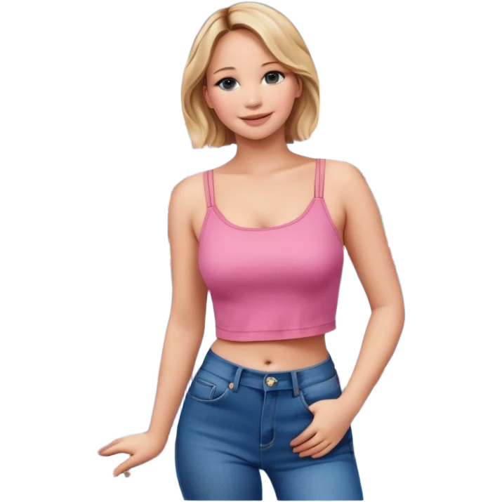 jennifer lawrence, pink crop top, and blue jeans, leaning on a balcony with a harbor and cityscape in the background, smiling emoji