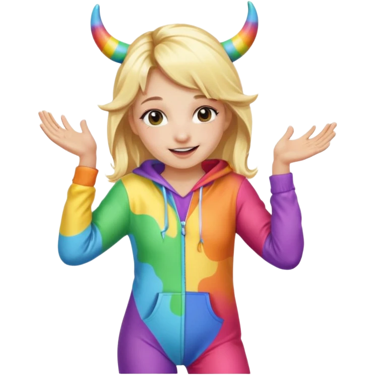 Cute blonde girl dancing in a rainbow onesie with cow horns  emoji
