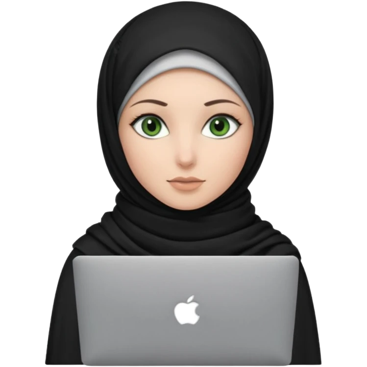 women with black scarf hijab , with green eyes  ,without hair, with macbook emoji