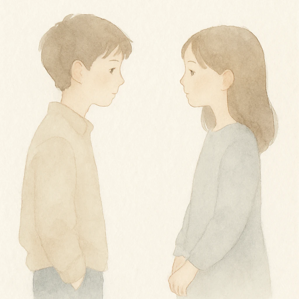 a boy looking at a girl, watercolor art style emoji