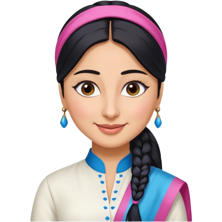 generate a pretty bratz emoji that looks like Kareena Kapoor's Geet character. 
Make her wear a white shirt with a colorful blue-pink dupatta wrapped around her neck. smiling big. Black hair tied into a side part ponytail

She should look like Kareena Kapoor emoji