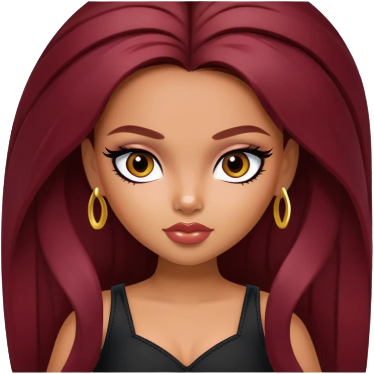 pretty bratz girl, latina, dark red hair,  long hair, brown eyes, black eyeliner, tan skin emoji