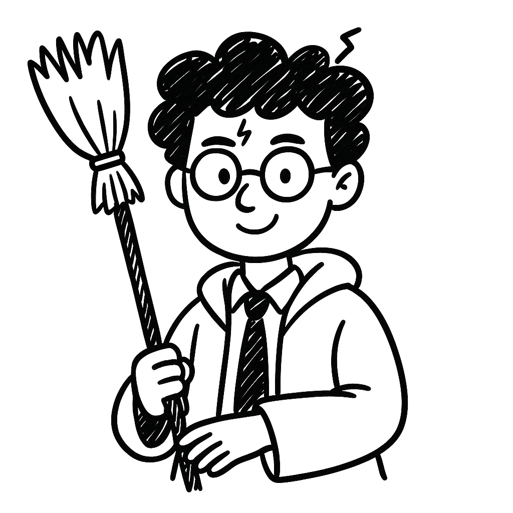 Add a broomstick to Harry Potter in hand-drawn doodle style, keep glasses and lightning scar emoji