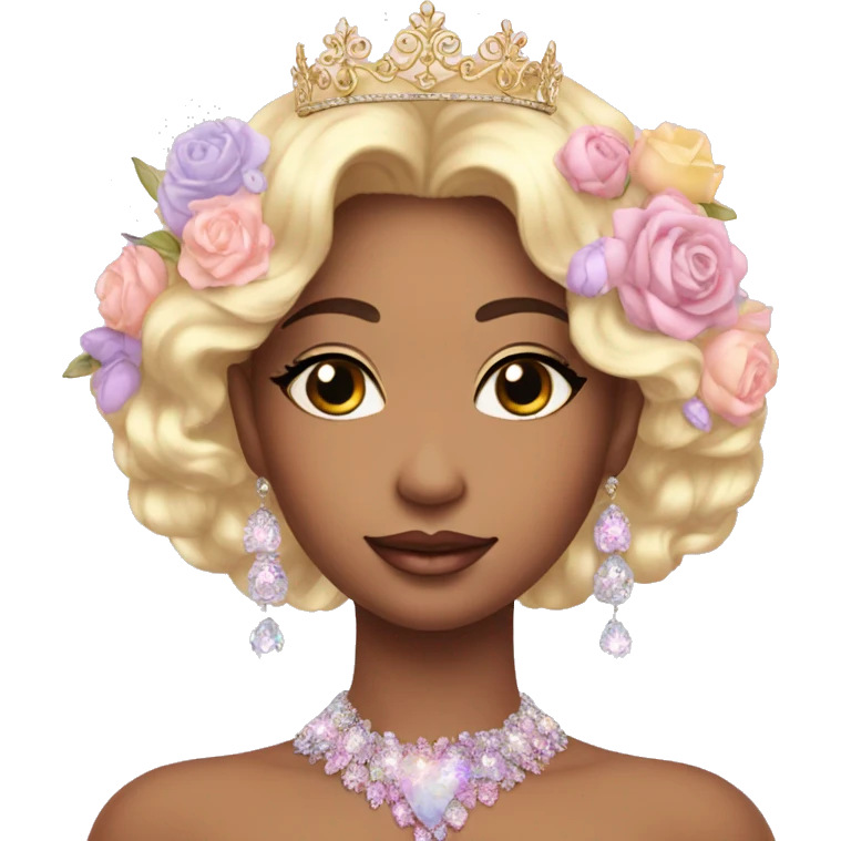 Gorgeous pastel Lady in a sparkly shiny dress with tiara and necklace and flowers aesthetical and trending  emoji