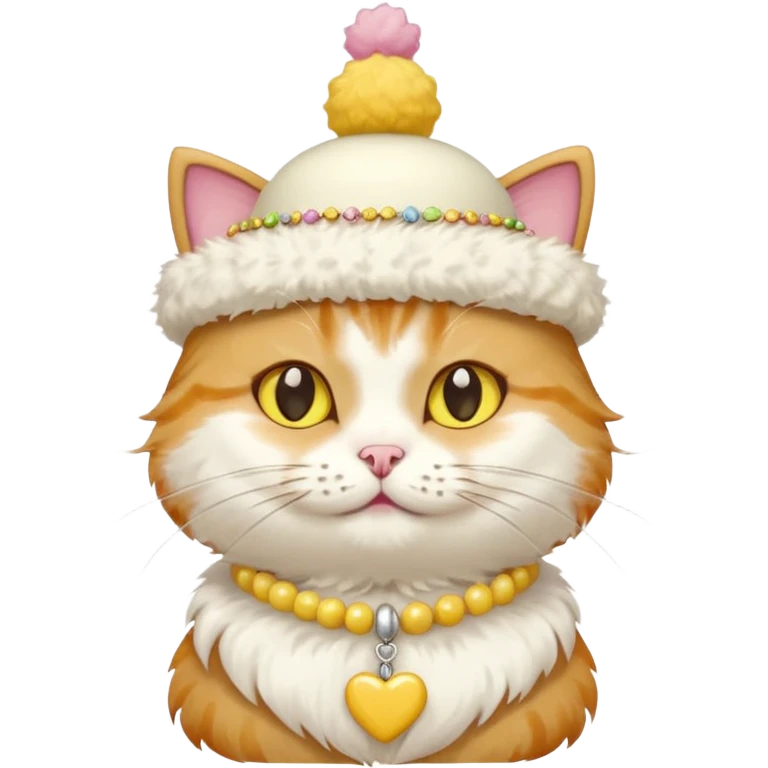 cat wearing a creamy cake hat with fun necklace around his neck and a yellow bow in the middle emoji