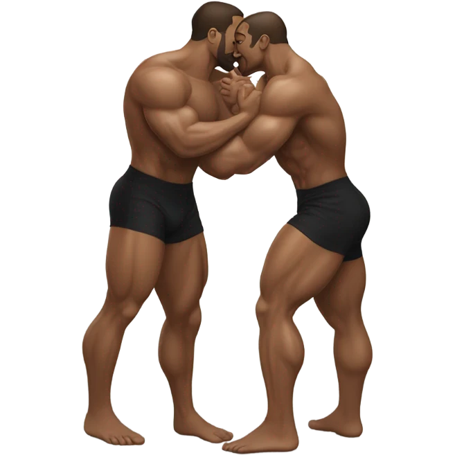 Two men with muscly legs holding eachother and kissing emoji