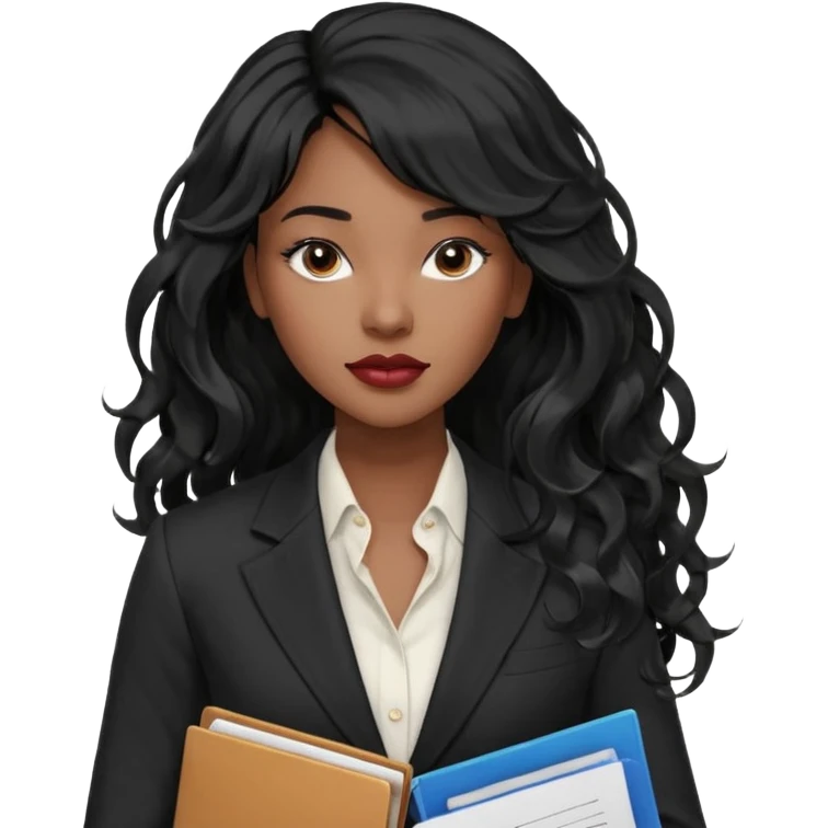 A young woman with long black hair, a wavy frange falling on half of her head. There's a long wavy stretch of hair falling on the side of her head. She's black, medium to dark skinned with thick lips. She's holding folders, and she's a CEO, but she's wearing casual clothes. she has long eyelashes. emoji