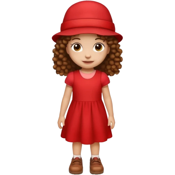 little girl with brown curly hair, light skin, red dress, red hat, brown shoes, emoji style icon emoji