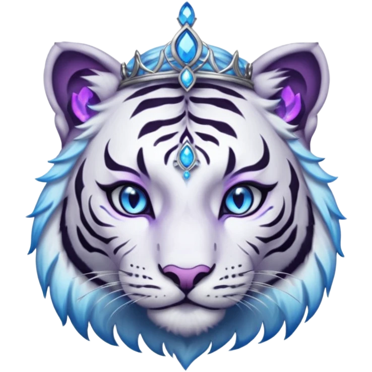 ESO Female white/black tiger khajiit leader of the umbral rose, glowing blue eyes, glowing blue 'third eye' gem; beautiful desined purple gemmed silver tiara emoji