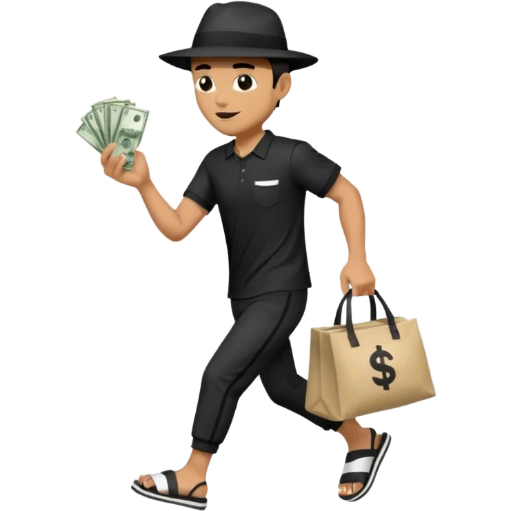 Make a man wear a black pant and he shirt is balck line and white line and wear a black hat and he holding a money bag and he running he wear a black eye thing no money in the Left hand and he yellow and the money bag in the right he wear a flip flop like this is Money bag 💰 NO MONEY emoji