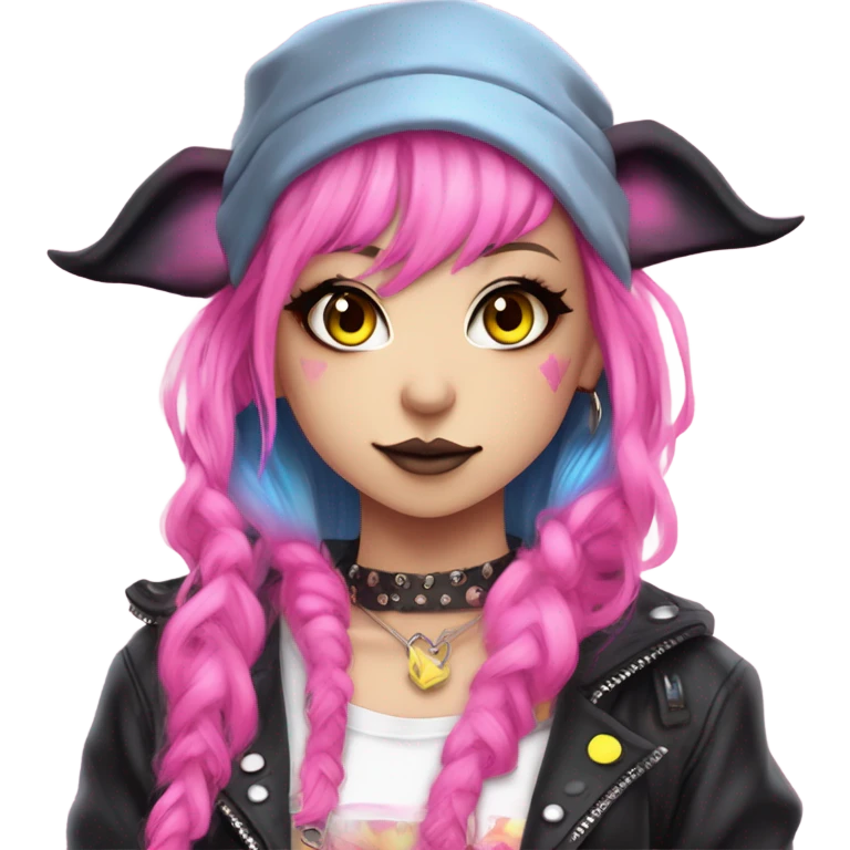 Blue eyed pale hime gyaru girl, hot pink and yellow split-dyed hair, nose ring, elf ears, dark makeup, punk clothes emoji