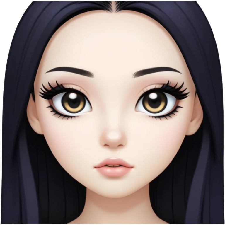 straight black long hair, korean pale skin skin, black iris, pretty bratz baddie, black eyeliner emoji