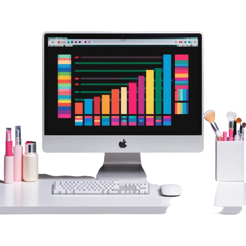iMac computer with colorful bar charts and beauty products inside the screen emoji