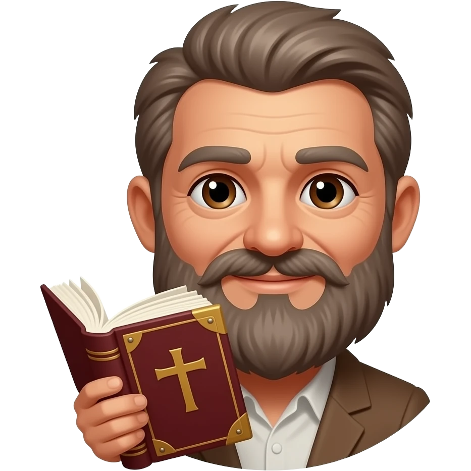 wise old man with grey brown hair slight smile brown eyes beard with burgundy book that has a cross on it no circle emoji