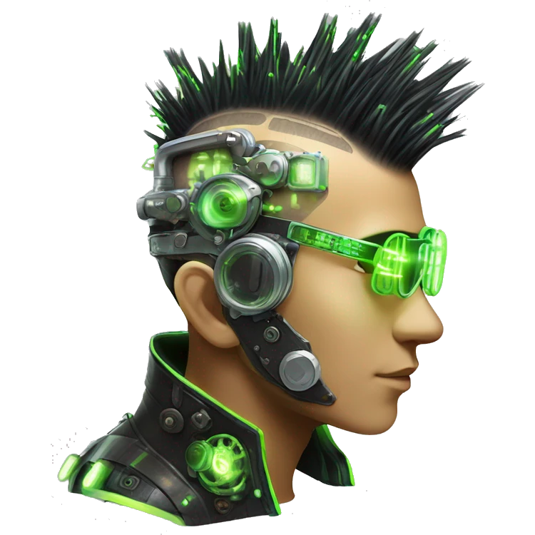 Mohawk hair with neon green highlights Asian male cyborg head with neon silver steampunk goggles and circuits emoji