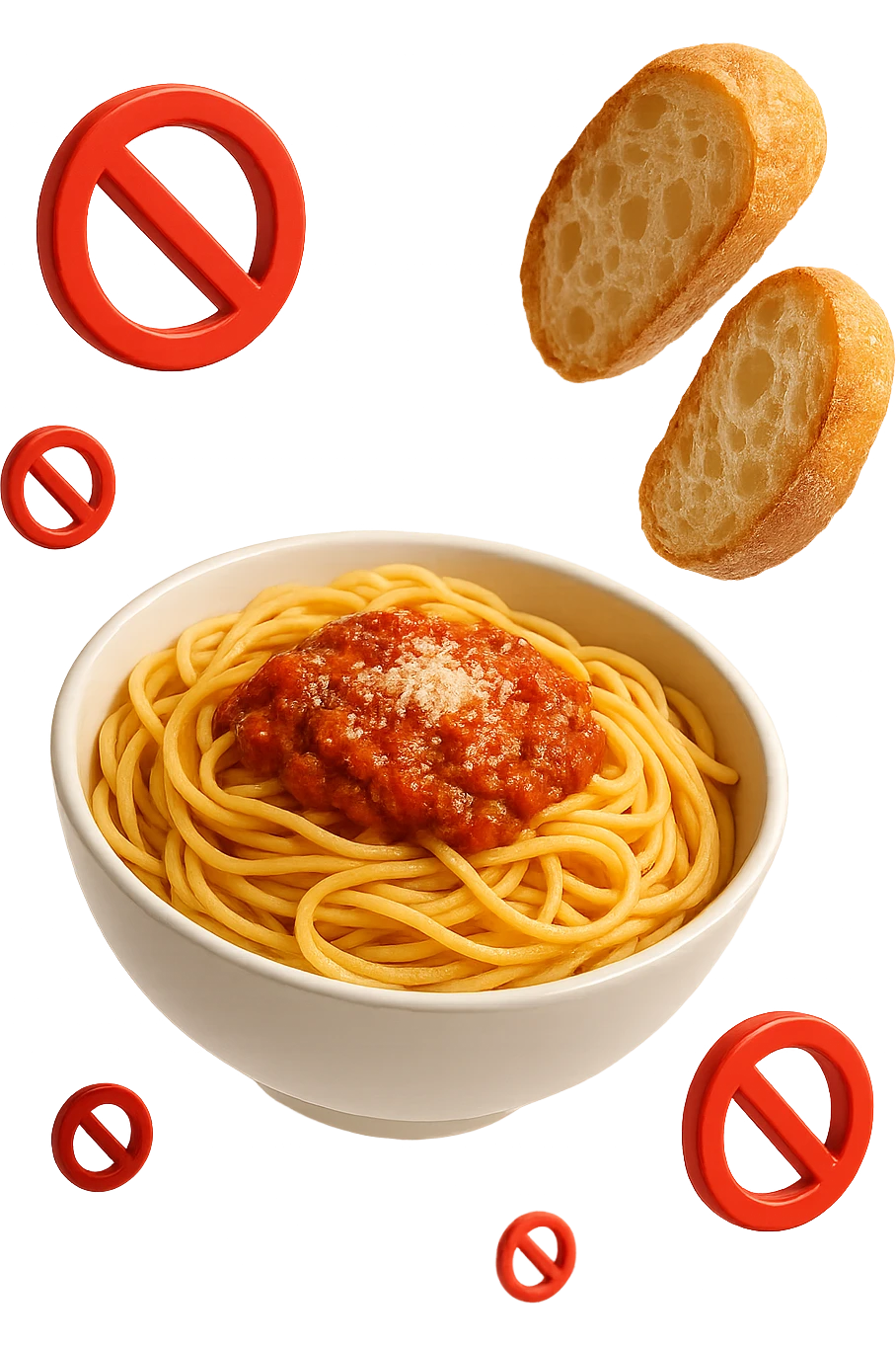bowl di pasta e fettine di pane che fluttuano in aria con piccoli divieti 3d, sfondo bianco, iperrealistico 4k emoji