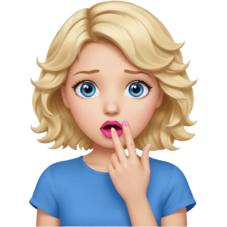 Girl Blonde short wavy hair,  blue eyes, cute blue top, long lashes, pink lips, shocked, hand over the mouth emoji