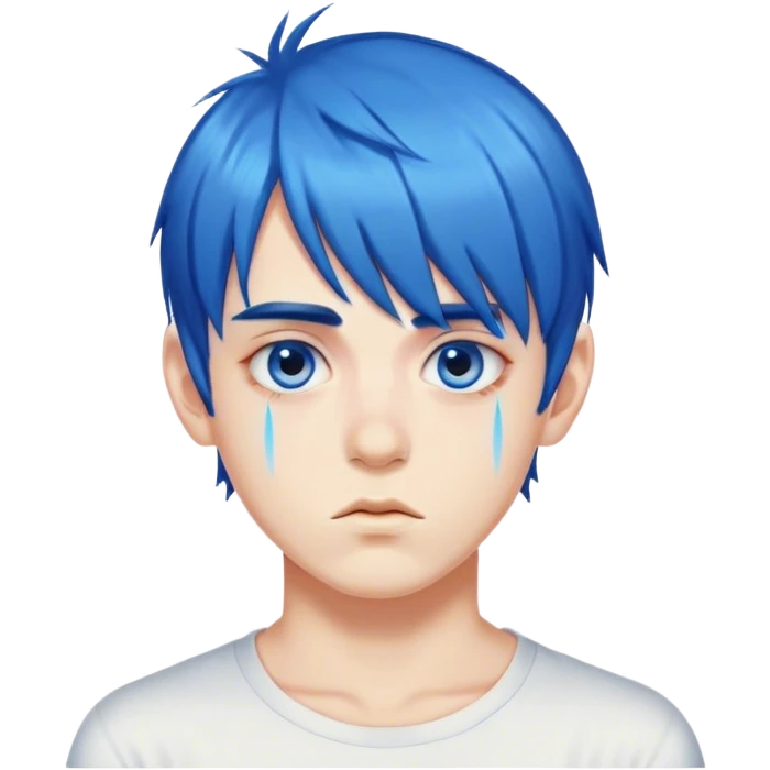 A boy with highly saturated blue hair, bangs above his eyebrows, and double eyelids emoji