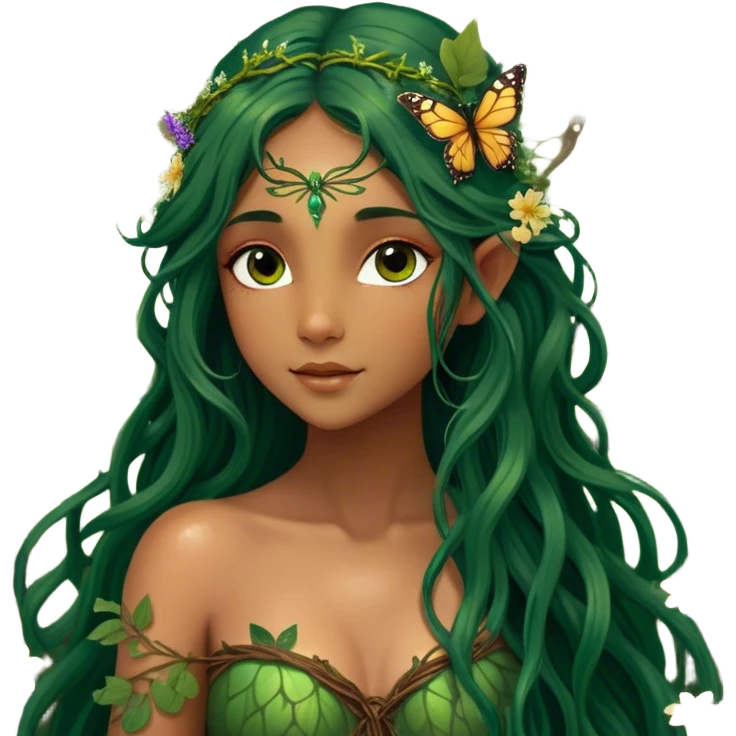 Cinematic Realistic Forest Nymph Fairy portrait, with butterfly wings and depicted with lifelike, sun-kissed tanned skin that radiates an earthy glow, softly illuminated by natural, dappled light. Her long, flowing dark green hair is intricately detailed and interwoven with delicate vines and wildflowers, while her deep, soulful eyes mirror the wisdom of the forest. Dressed in an attire inspired by nature’s palette—with subtle botanical motifs—the portrait exudes a soft, enchanted glow that melds realism with woodland magic. emoji