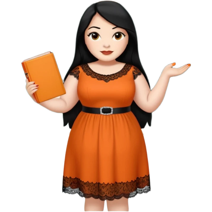  plus-size White woman is wearing makeup. She has long, straight, waist-length black hair and is wearing a full-body orange dress with rhinestones and lace. Her nails are painted orange. She is holding a book in one hand and a crayon in the other. A chalkboard is behind her. emoji