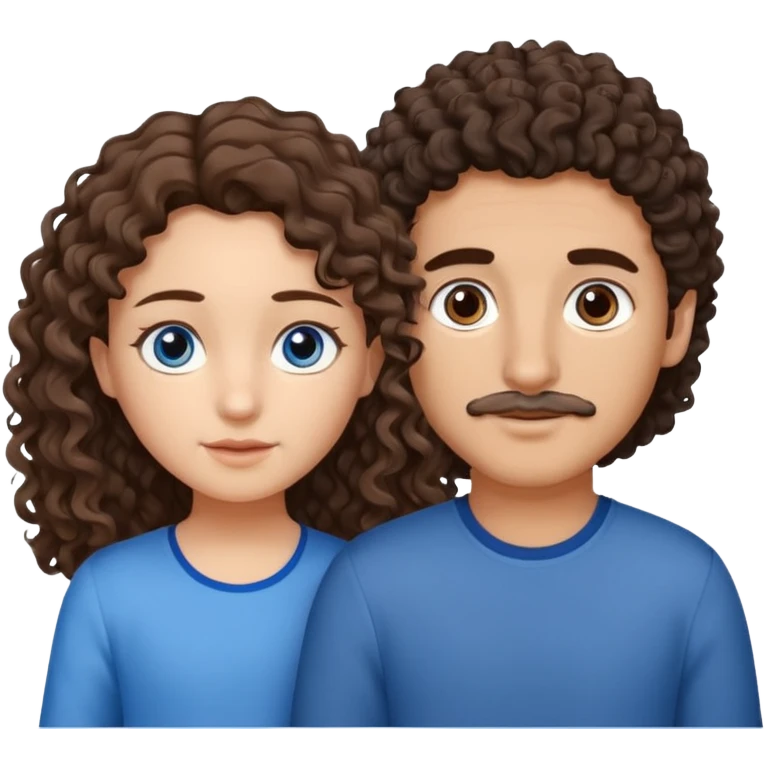 make a couple with the boy taller then the girl and the boy is mexican with brown eyes and brown hair slightly wavy/curly and some front hairs gray and then girl with blue eyes with brown long curly hair and she is white  emoji