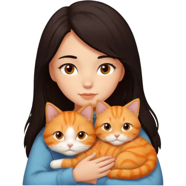 dark-black-brown-hair-to-shoulder girl with brown eyes snuggled with orange tabby cat emoji