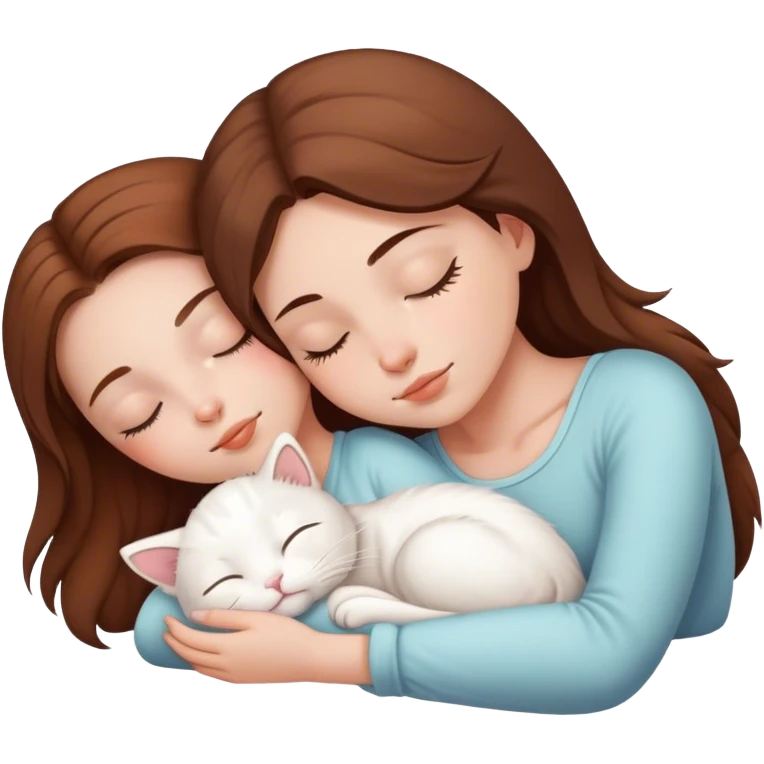 White girl brown hair sleeping with white kitty emoji