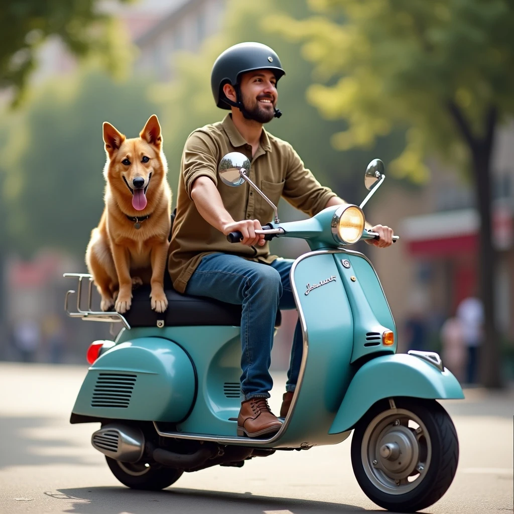 man and his pet dog riding a vespa emoji